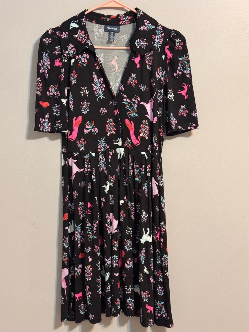 ModCloth Cat Floral Print Midi Dress M Black Retro Fit & Flare Collared